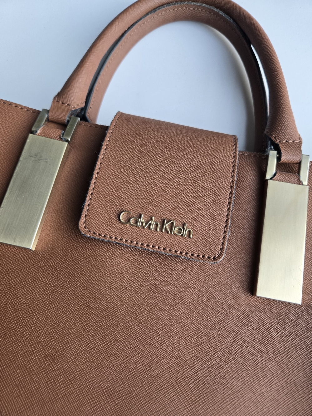 Calvin Klein Cognac Saffiano Leather Convertible Satchel Tote Bag - Picture 4 of 16
